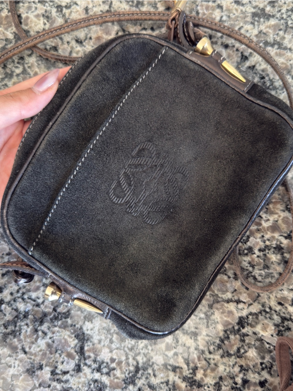 Loewe Dark Brown Suede Crossbody with Gold Hardware
